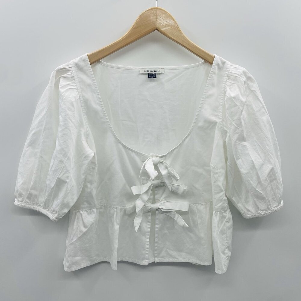 American Eagle Womens Size XS Puff Short Sleeve Tie Front Top in White 1378